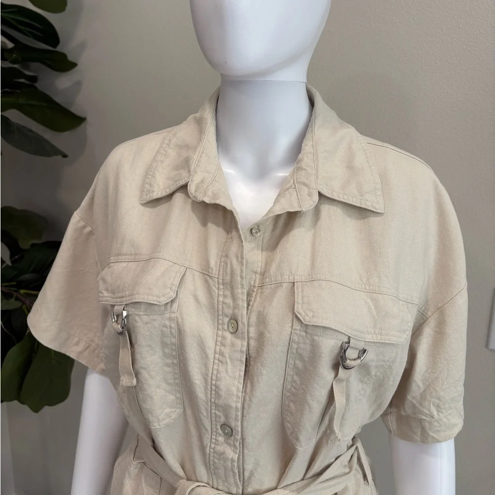 Zara Linen Blend Button Down Shirt Romper Size Large Cargo Pocket Utility Belted